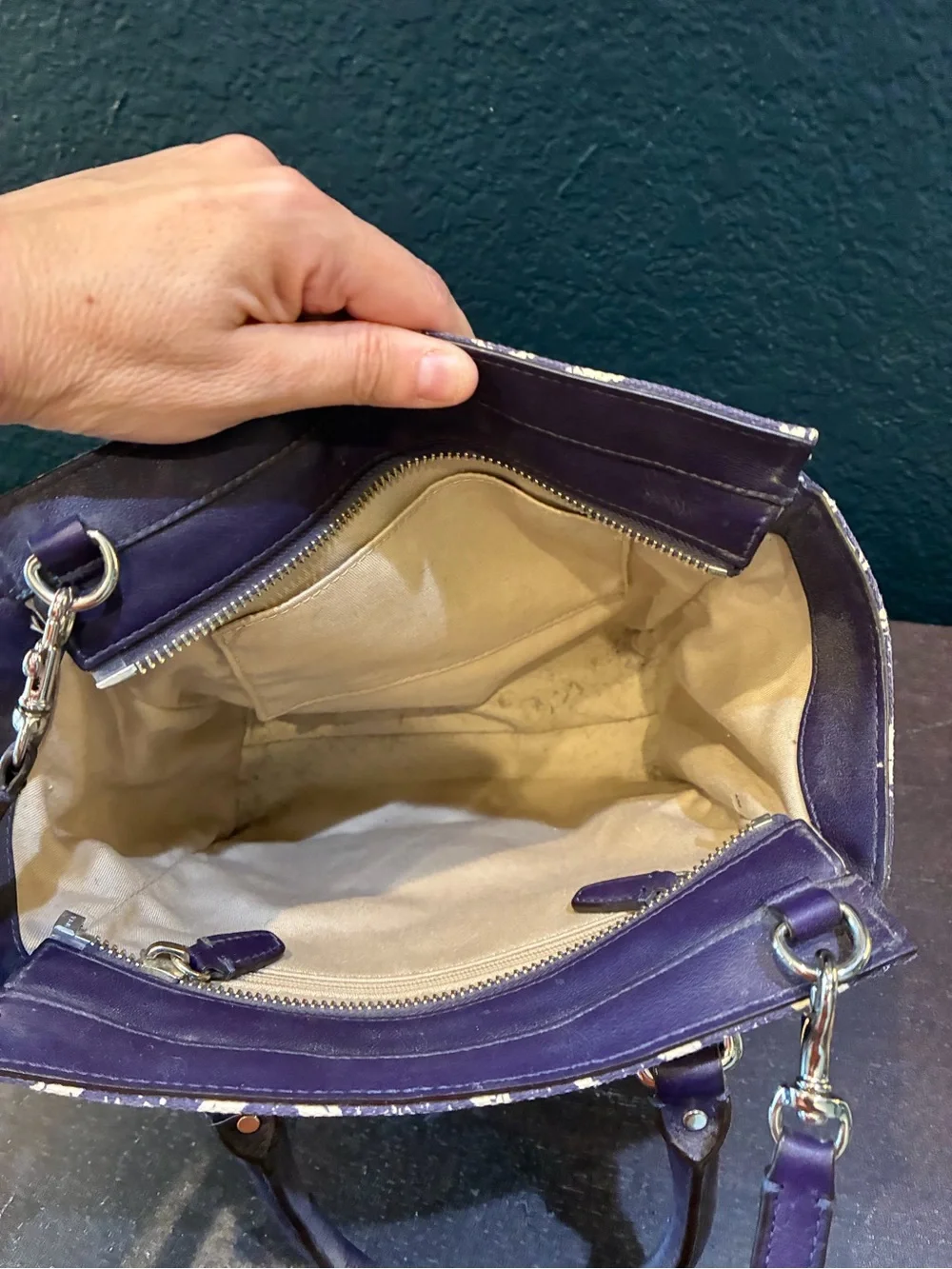 Coach Purple and White Zebra-Print Leather Satchel with Removable Strap